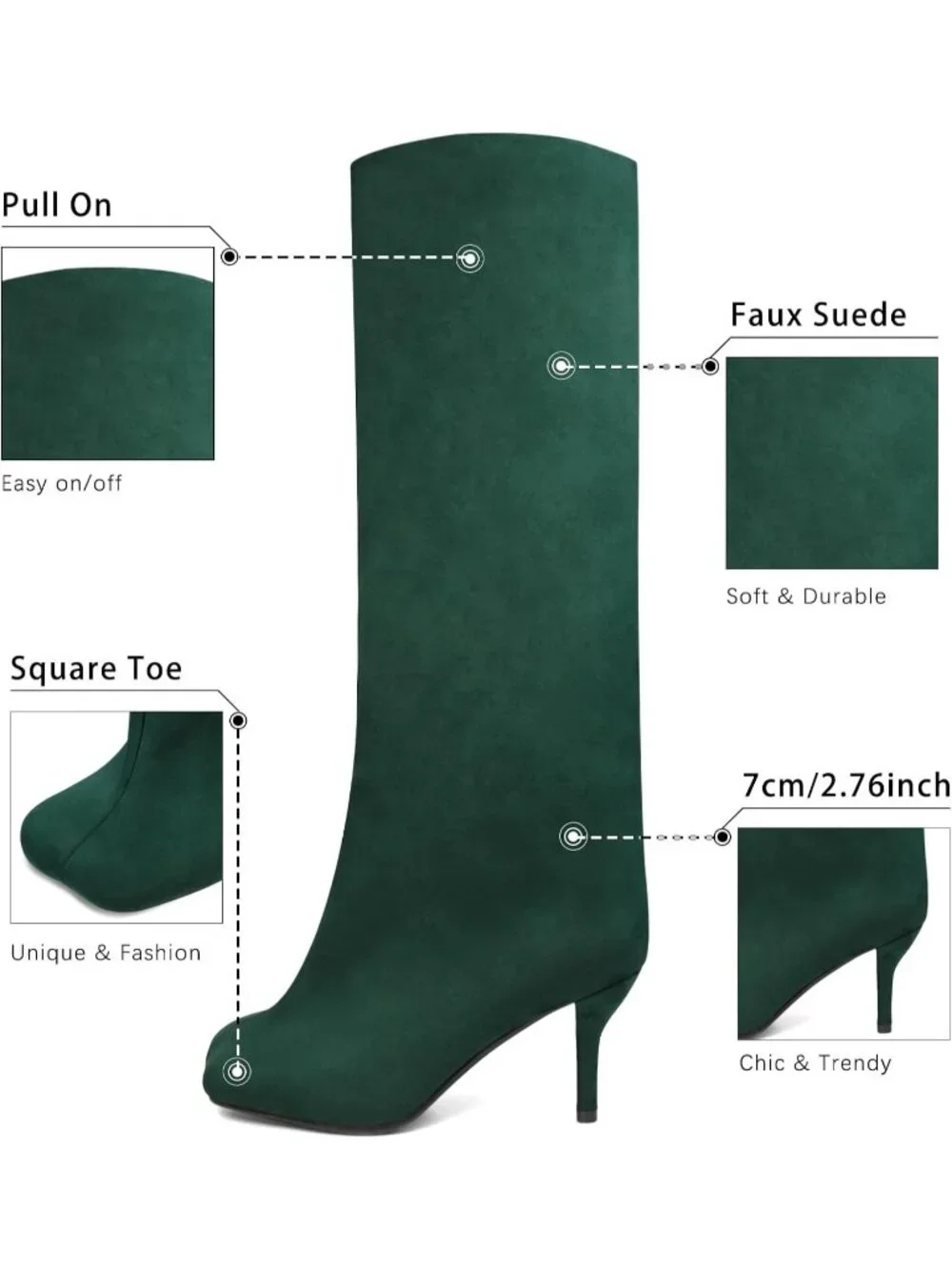 Women's Green Faux Suede comfort Square Toe Kitten Heel Pull On Knee High Boots